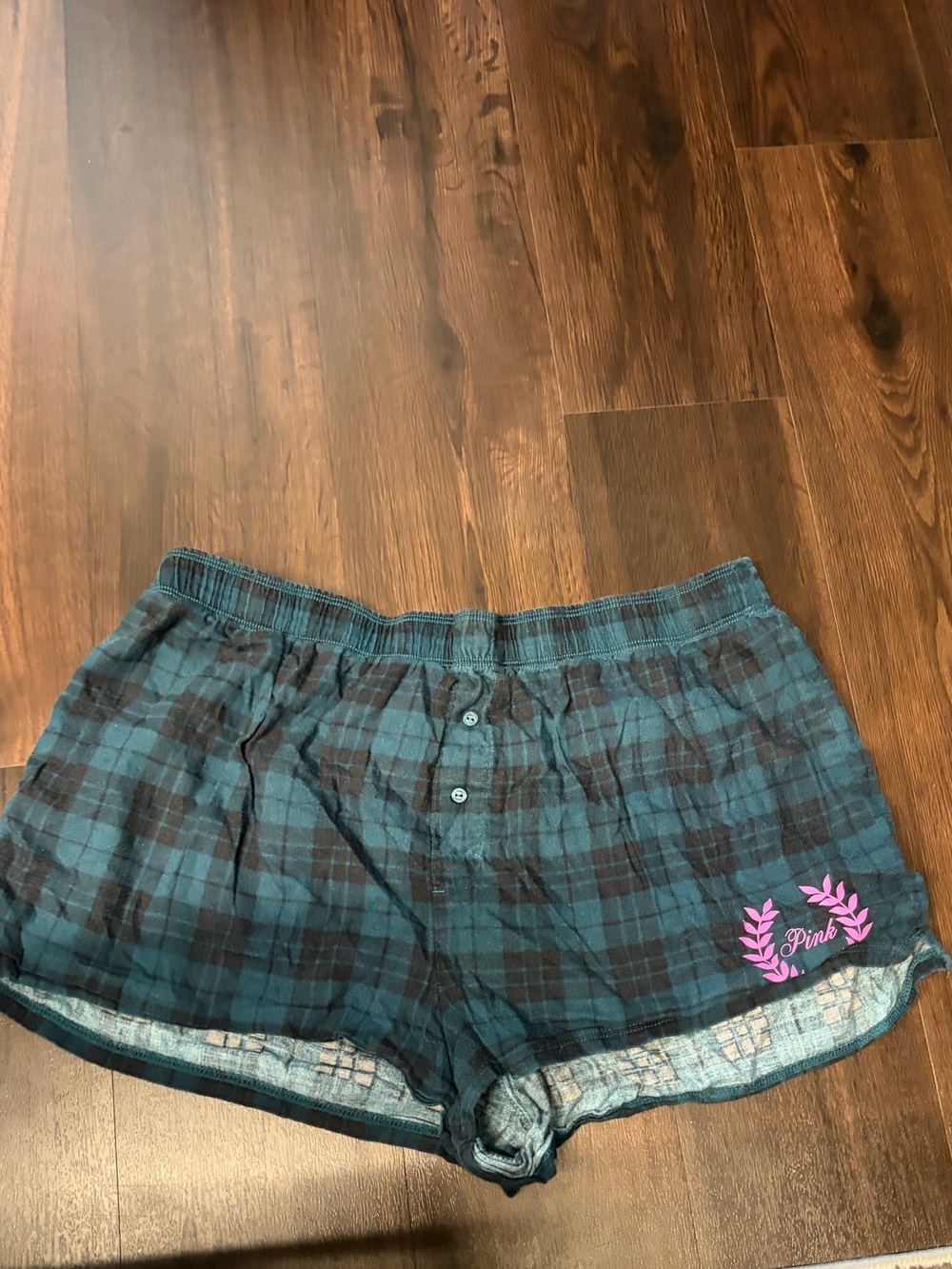 PINK Victoria's Secret Teal and Black Plaid Lounge Shorts with Pink Logo